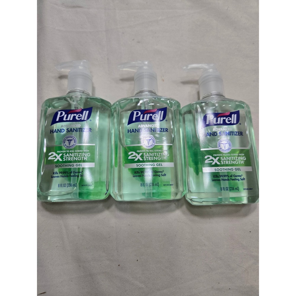 3 Pack Purell Advanced Hand Sanitizer Soothing Gel 8oz Pump Bottles 2X Strength